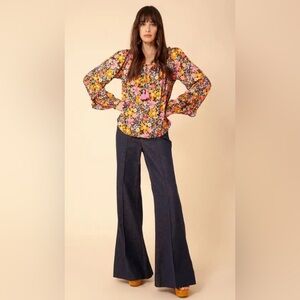 Hale Bob Livia Crepe Top Ruffle Flowy Boho Whimsical Yellow Floral Metallic